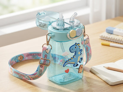 Cute Kids Cartoon Water Bottle with Straw & Carry Strap  2 in 1 Straw and Light Wide Capacity Cartoon Square Drinking Cup with Binoculars for Students - Double Cup Leak Proof Safe Lid – 520ml - 1pcs