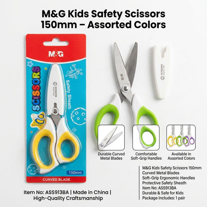 M&G Chenguang Kids Safety Scissors 150mm – Curved Blade, Soft Grip Handle with Protective Safety Sheath - 1pcs - No: ASS913BA