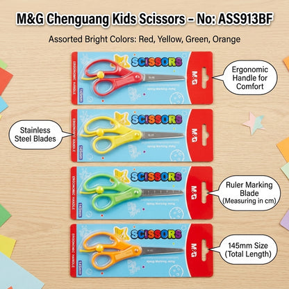 M&G Chenguang Kids Scissors 145mm – Ergonomic Handle, Ruler Marking Blade & Stainless Steel Blades - 1pcs - No: ASS913BF