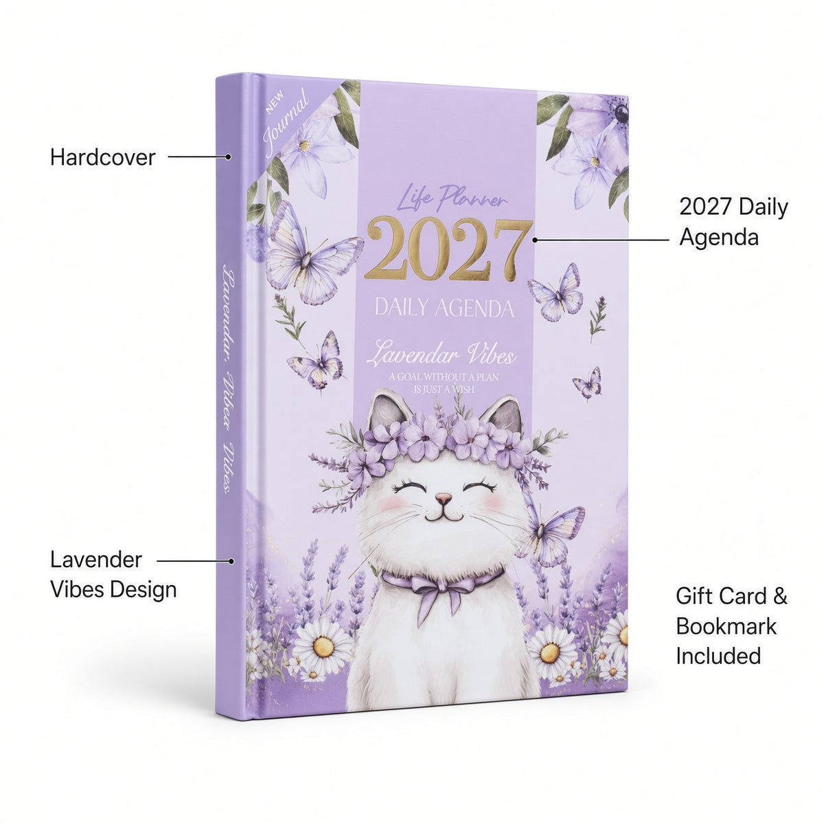 Mofakera Lavender Vibes Hardcover Daily Agenda 2027 – Premium Planner with Gift Card & Bookmark - Size : A5 - Purple (Agenda)