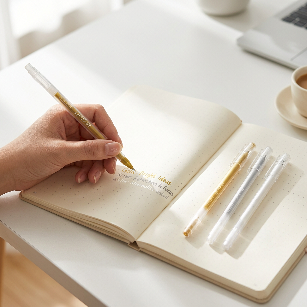 Hand writing colorful notes with an M&G gel pen in a notebook