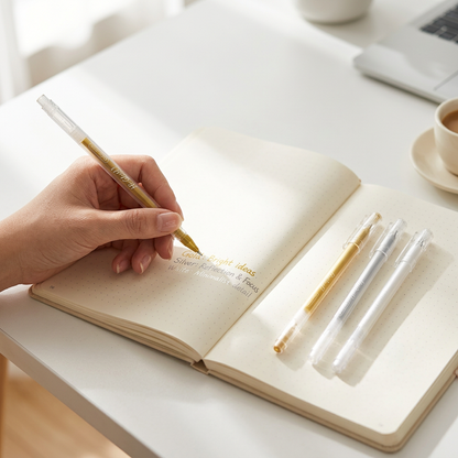 Hand writing colorful notes with an M&G gel pen in a notebook