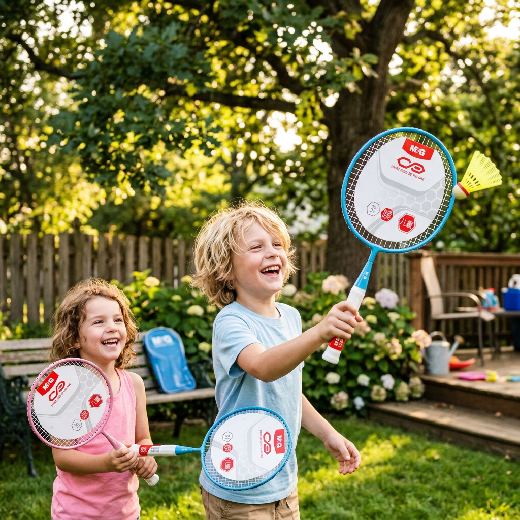 Children playing badminton with M&G short-handled kids rackets