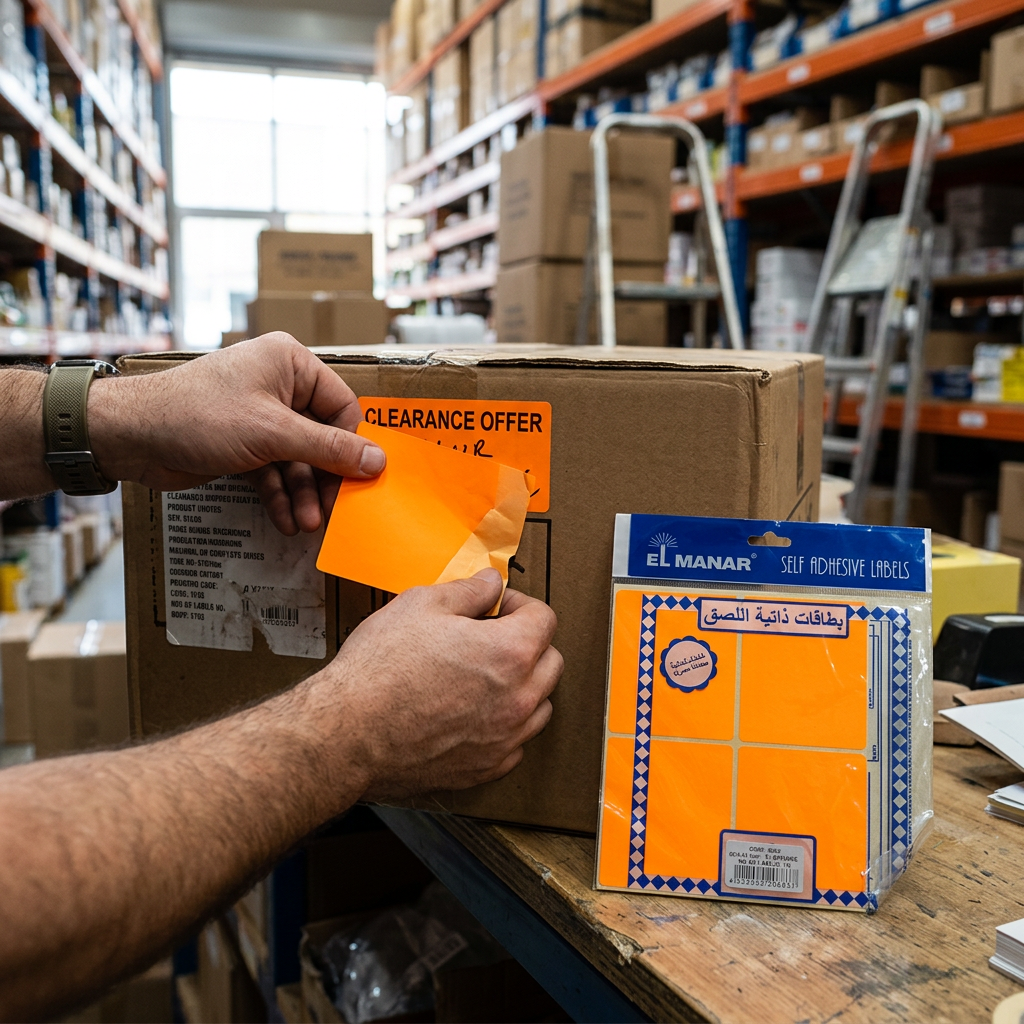 Applying El Manar fluorescent orange 80x67mm label to a clearance carton