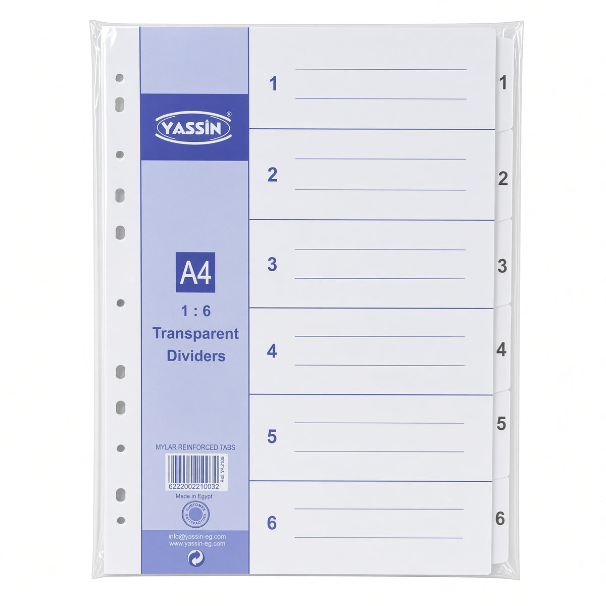 YASSIN A4 6-Section Transparent Index Dividers – Numbered File Organizer with Reinforced Mylar Tabs - No: YA2106
