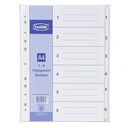 YASSIN A4 6-Section Transparent Index Dividers – Numbered File Organizer with Reinforced Mylar Tabs - No: YA2106