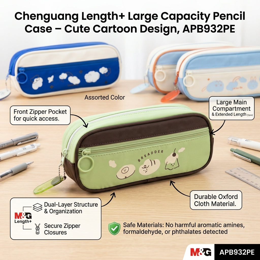 M&G Chenguang Length+ Large Capacity Pencil Case with Front Zipper Pocket – Cute Cartoon Design - 1pcs - Assorted Color - No: APB932PE