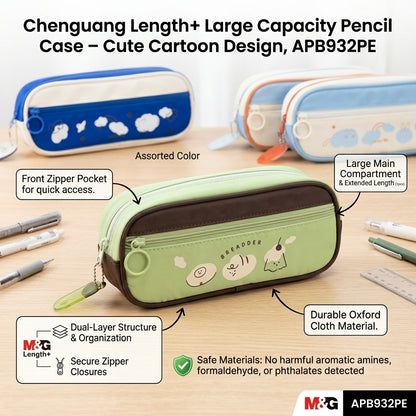 M&G Chenguang Length+ Large Capacity Pencil Case with Front Zipper Pocket – Cute Cartoon Design - 1pcs - Assorted Color - No: APB932PE