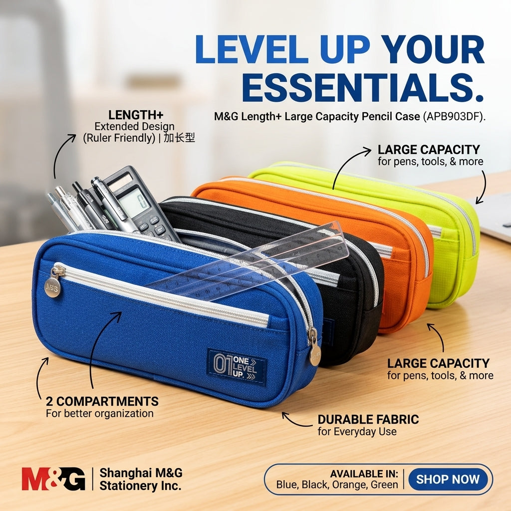 M&G Chenguang Length+ Large Capacity Pencil Case with Dual Zipper – Durable Fabric Stationery Organizer - 1pcs - No: APB903DF