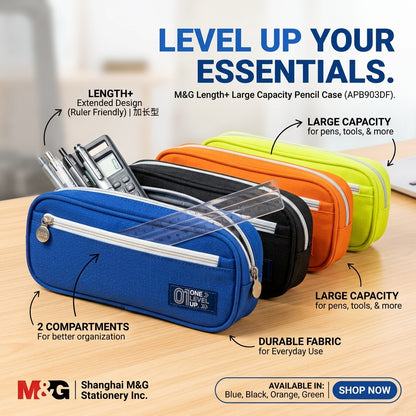 M&G Chenguang Length+ Large Capacity Pencil Case with Dual Zipper – Durable Fabric Stationery Organizer - 1pcs - No: APB903DF