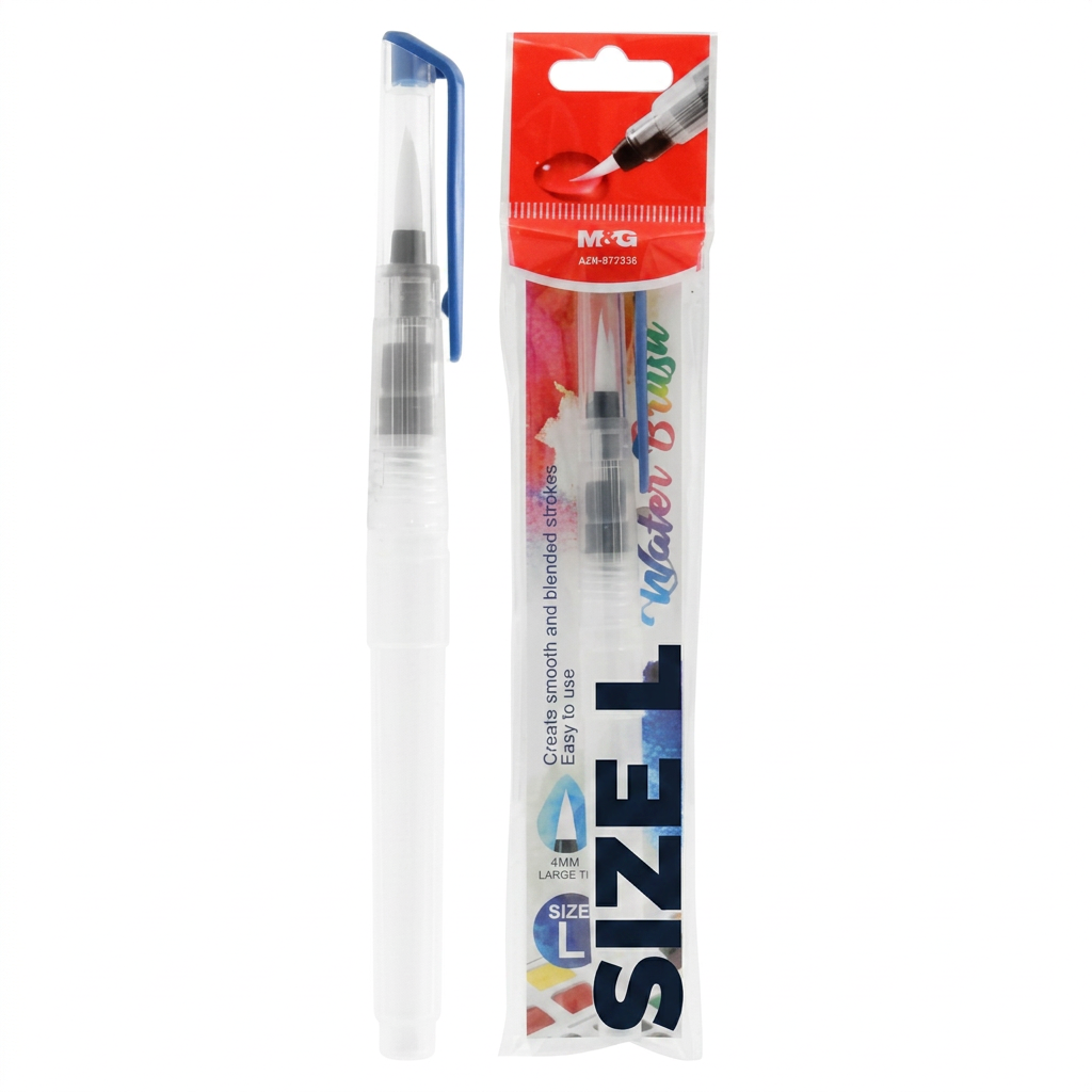 M&G brush with dropper water container size L flatlay with palette