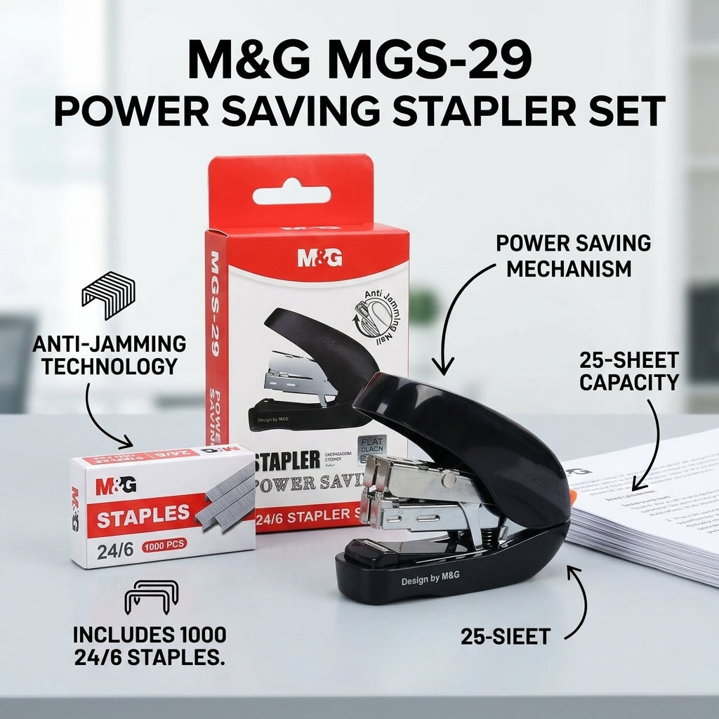 M&G Chenguang MGS-29 Power Saving Stapler Set with 1000 Staples – 25 Sheets Capacity, Anti-Jamming, Suitable for 24/6 & 26/6 Staples - 1pcs - No: ABS916MK