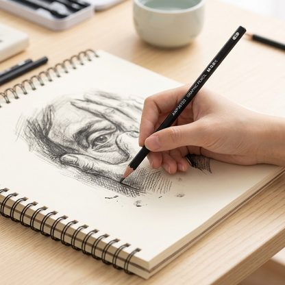 Hand shading a sketch with the M&G hard sketch charcoal pencil
