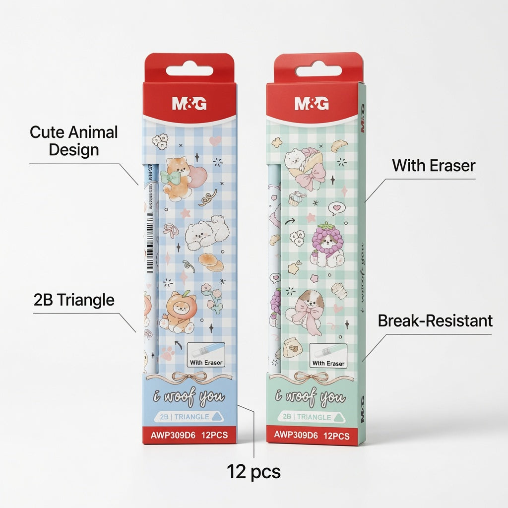 M&G Chenguang Woof You 2B Triangle Wooden Pencils with Eraser – 12-Pack, Cute Animal Design, Break-Resistant, Smooth Writing  - No: AWP309D6