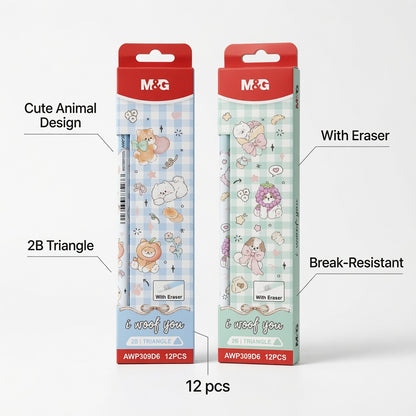 M&G Chenguang Woof You 2B Triangle Wooden Pencils with Eraser – 12-Pack, Cute Animal Design, Break-Resistant, Smooth Writing  - No: AWP309D6