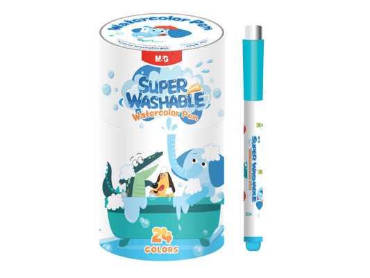 M&G Chenguang Super Washable Watercolor Pens – 24 Colors in Portable Storage Cup With Cute Stamps – 7mm Tip – No: ACP901KR