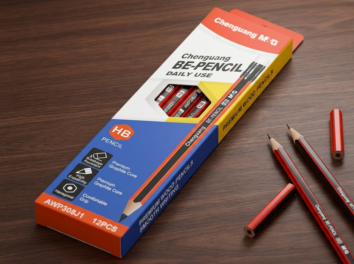 M&G Chenguang BE-PENCIL HB Wooden Pencils – Premium Graphite Pencils, Break-Resistant, High Erasability, Hexagonal Barrel, Pack of 12 - No: AWP308J1