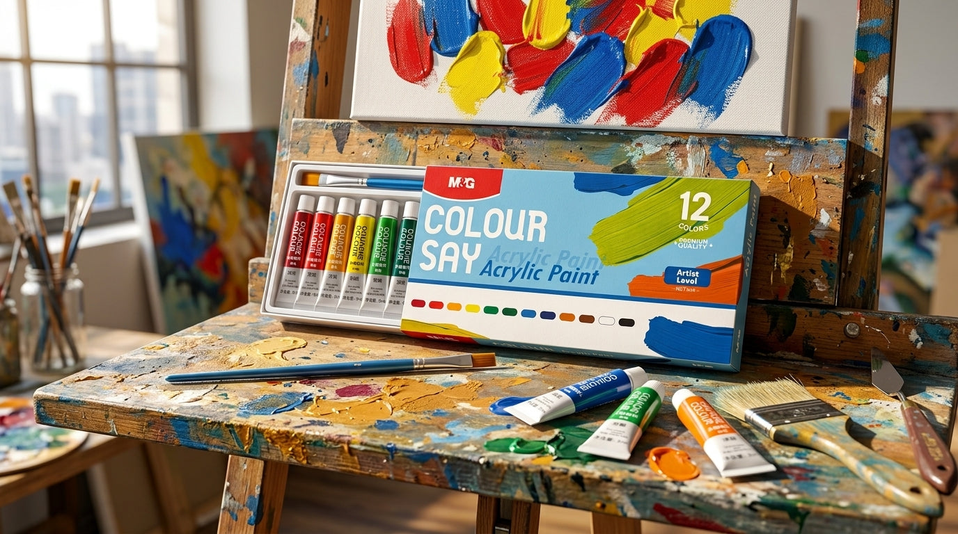 M&G Chenguang Acrylic Paint Set, 12 Colors × 5ml – Artist Quality Acrylic Paints with Brush for Canvas, Wood, Paper & Crafts - No: APL976T8