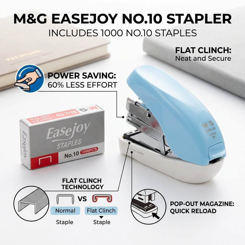 M&G Chenguang EaseJoy No.10 Power Saving Stapler with 1000 Staples – 60% Less Effort, Flat Clinch - 1pcs - No: ABS916NT