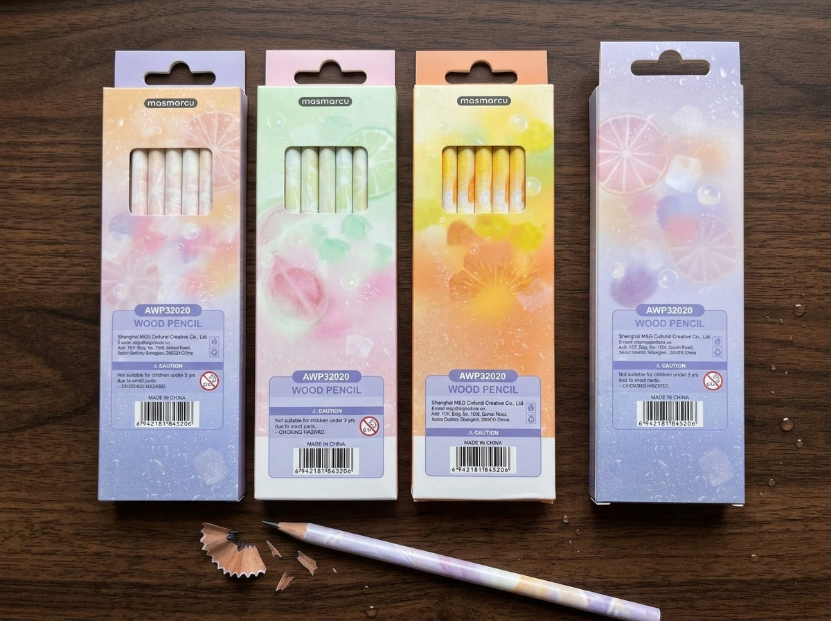 M&G Chenguang Fruit Soda 2B Wooden Pencils – Pastel Marble Design, Smooth Dark Graphite, 5-Pack, School & Drawing  - No: AWP32020