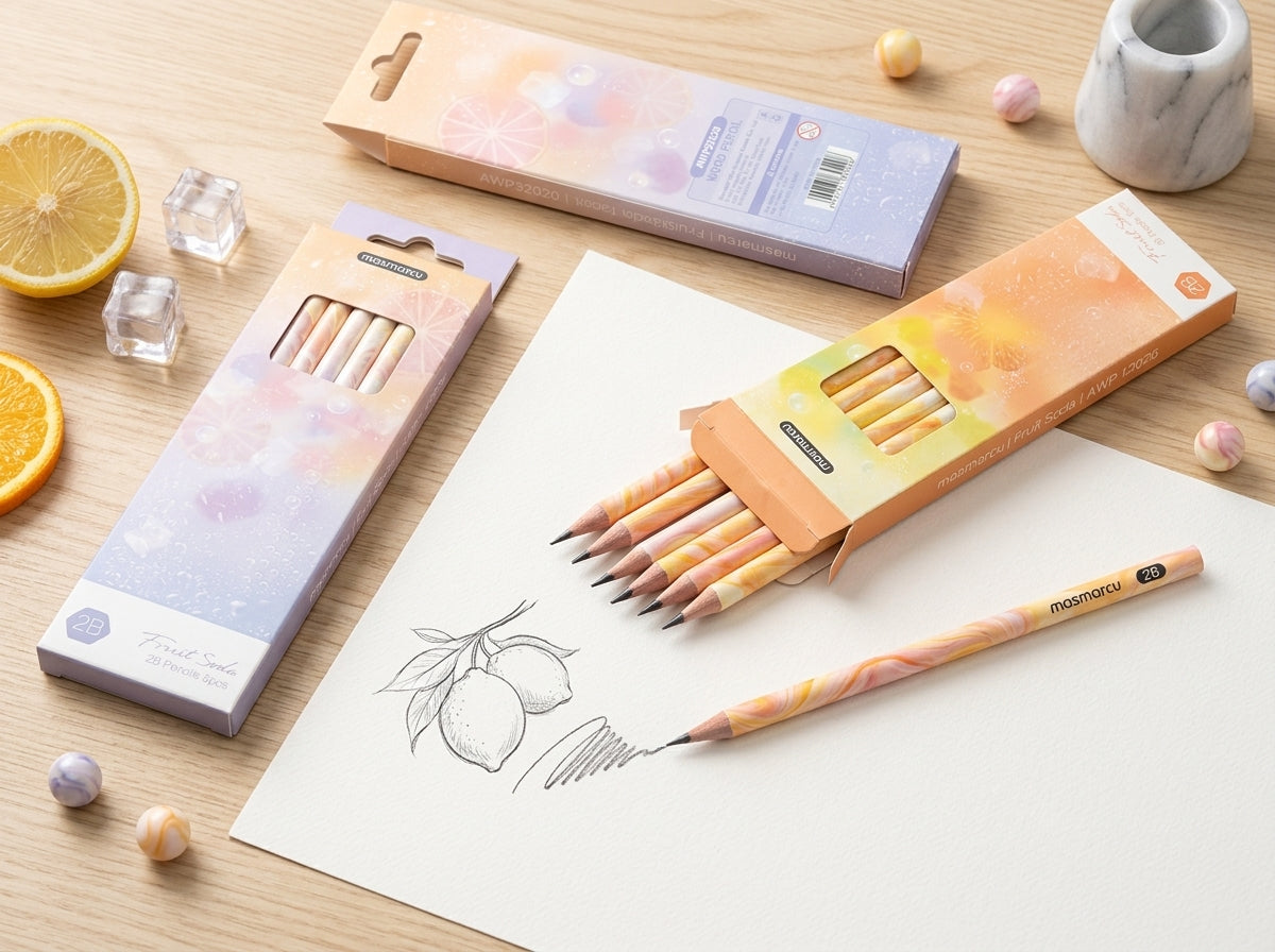 M&G Chenguang Fruit Soda 2B Wooden Pencils – Pastel Marble Design, Smooth Dark Graphite, 5-Pack, School & Drawing  - No: AWP32020