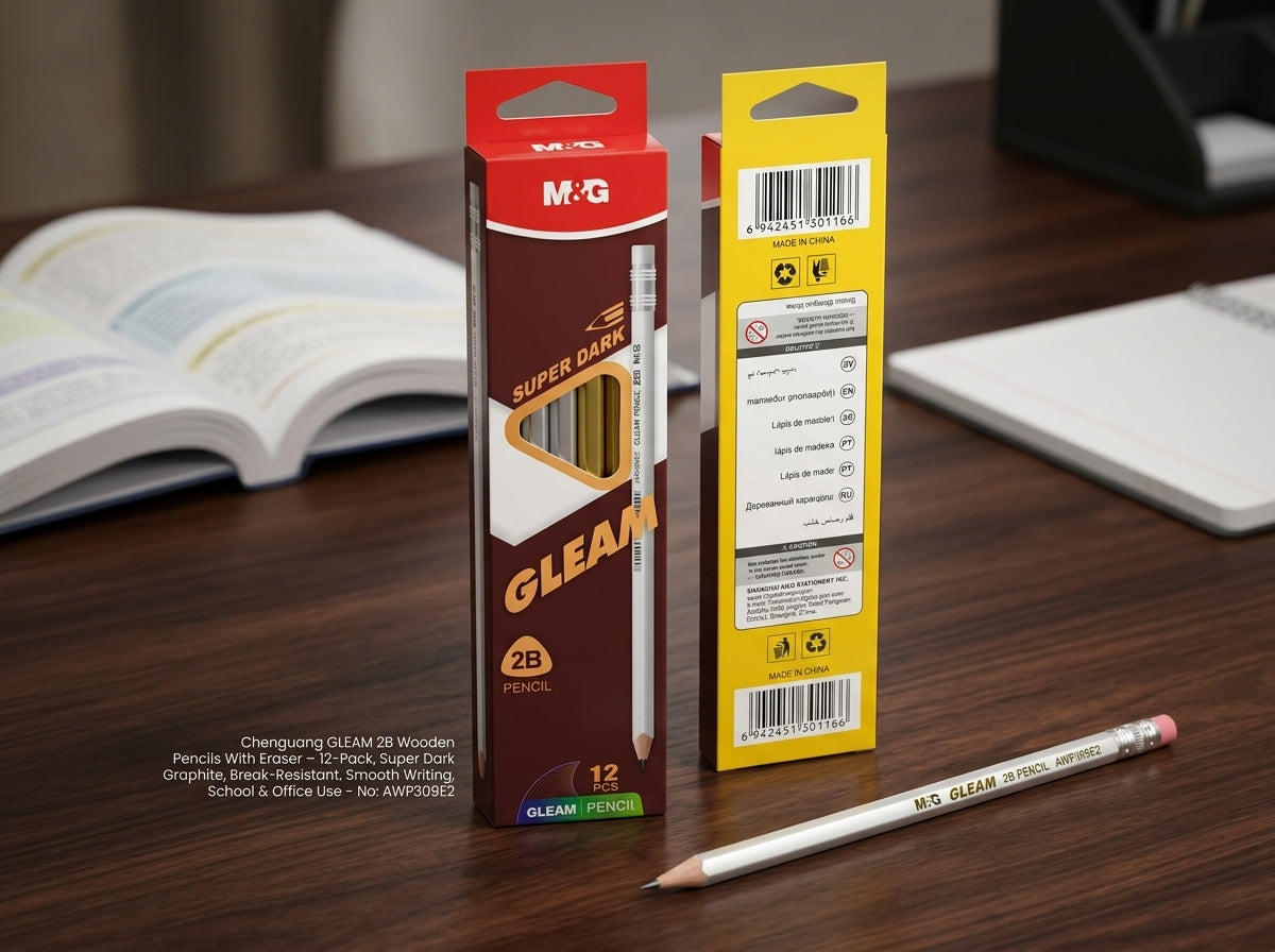 M&G Chenguang GLEAM 2B Wooden Pencils With Eraser – 12-Pack, Super Dark Graphite, Break-Resistant, Smooth Writing, School & Office Use  - No: AWP309E2