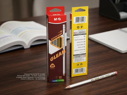 M&G Chenguang GLEAM 2B Wooden Pencils With Eraser – 12-Pack, Super Dark Graphite, Break-Resistant, Smooth Writing, School & Office Use  - No: AWP309E2