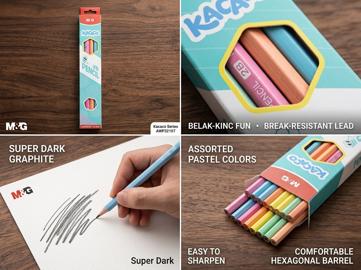 M&G Chenguang Kacafao 2B Wooden Pencils – Super Dark Graphite, Assorted Pastel Colors, 12-Pack, School & Sketching  - No: AWP32107