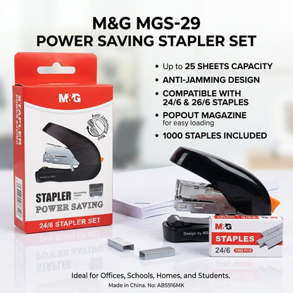 M&G Chenguang MGS-29 Power Saving Stapler Set with 1000 Staples – 25 Sheets Capacity, Anti-Jamming, Suitable for 24/6 & 26/6 Staples - 1pcs - No: ABS916MK