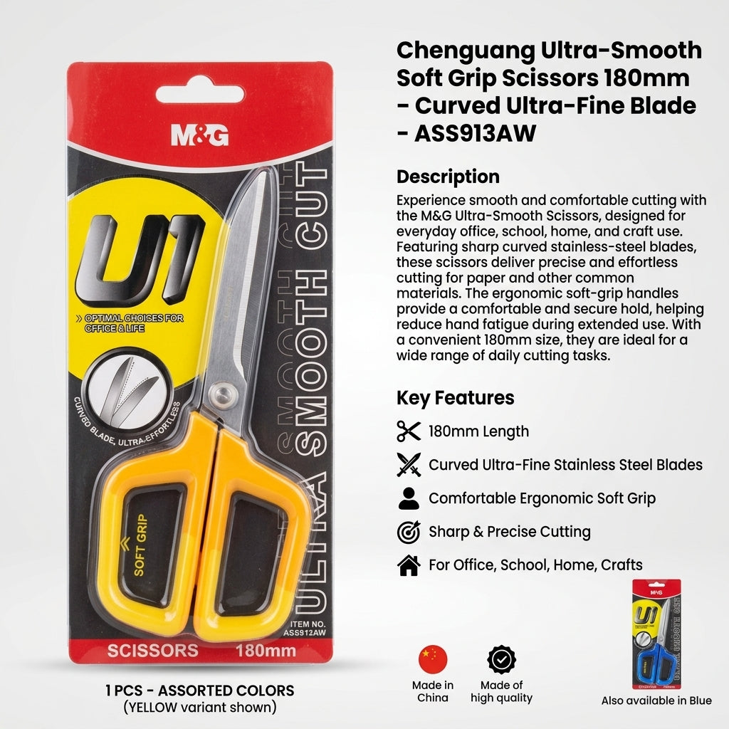 M&G Chenguang Ultra-Smooth Soft Grip Scissors 180mm – Curved Ultra-Fine Blade - 1pcs - No: ASS913AW