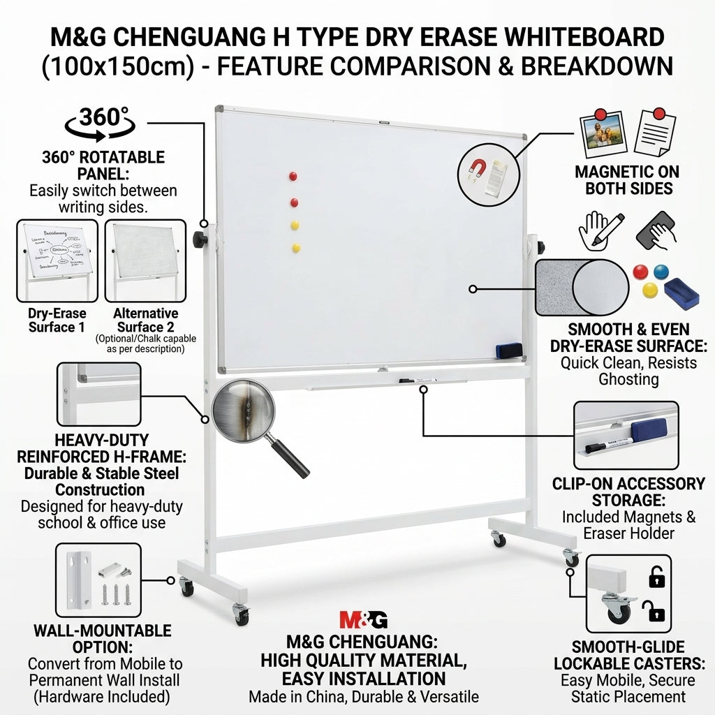 M&G Chenguang H Type Dry Erase Whiteboard with Stand - Magnetic White & Chalk Board - Size: 100cm X 150cm - No:ADB983AH