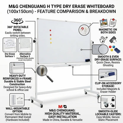 M&G Chenguang H Type Dry Erase Whiteboard with Stand - Magnetic White & Chalk Board - Size: 100cm X 150cm - No:ADB983AH