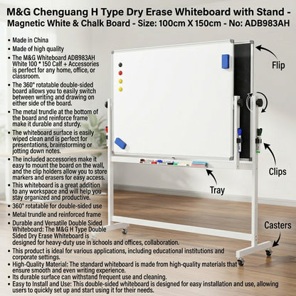 M&G Chenguang H Type Dry Erase Whiteboard with Stand - Magnetic White & Chalk Board - Size: 100cm X 150cm - No:ADB983AH