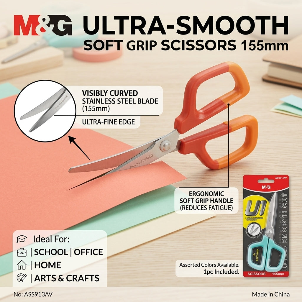 M&G Chenguang Ultra-Smooth Soft Grip Scissors 155mm – Curved Ultra-Fine Stainless Steel Blade - 1pcs - No: ASS913AV