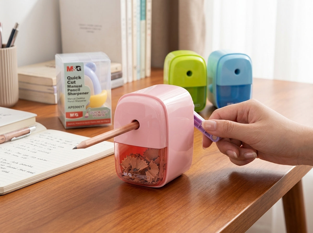 M&G Chenguang Quick Cut Manual Pencil Sharpener – Hand Crank Desktop Sharpener with Auto Feed & Large Shavings Container - 1pcs - No: APS906Y7