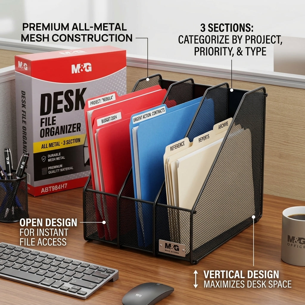 M&G Chenguang Desk File Organizer – 3-Section All-Metal Mesh Document Holder for Office, School & Home - 1pcs - No: ABT984H7