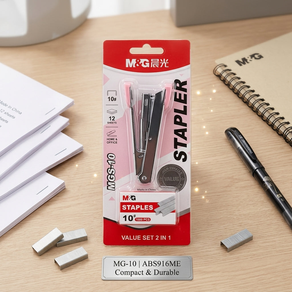 M&G Chenguang MG-10 Compact Metal Stapler Set with 1000 No. 10 Staples – 2-in-1 Value Set, Assorted Colors - 1pcs - No: ABS916ME