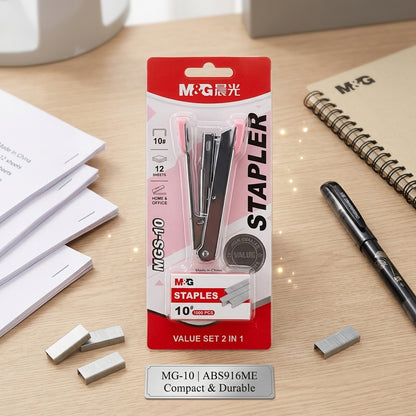 M&G Chenguang MG-10 Compact Metal Stapler Set with 1000 No. 10 Staples – 2-in-1 Value Set, Assorted Colors - 1pcs - No: ABS916ME