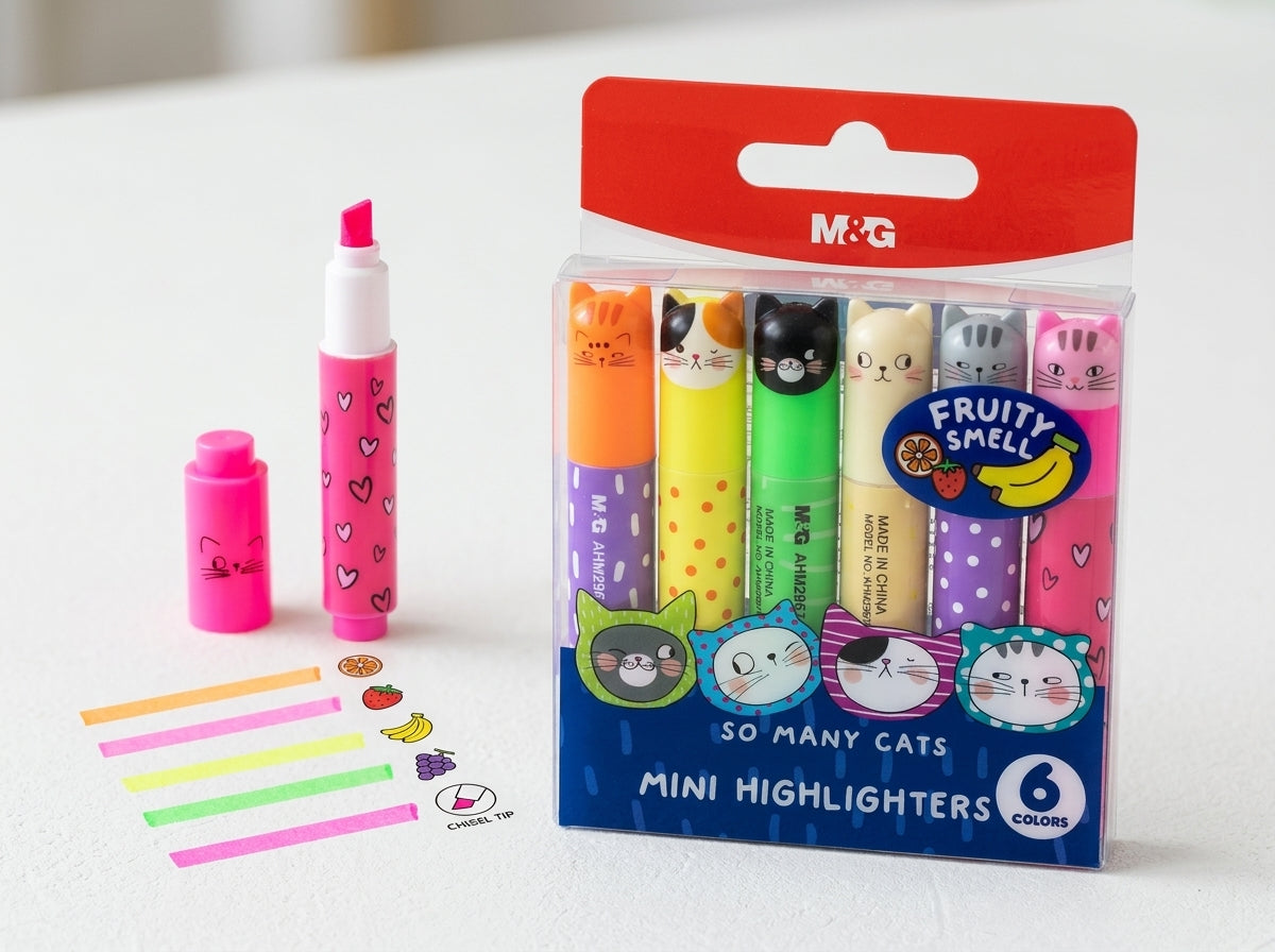 M&G Chenguang Mini Highlighter Set – 6 Fruity Scented Neon Highlighters, Chisel Tip, Cute "So Many Cats" Design for School, Office & Journaling - No: AHM29676