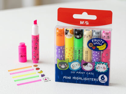 M&G Chenguang Mini Highlighter Set – 6 Fruity Scented Neon Highlighters, Chisel Tip, Cute "So Many Cats" Design for School, Office & Journaling - No: AHM29676