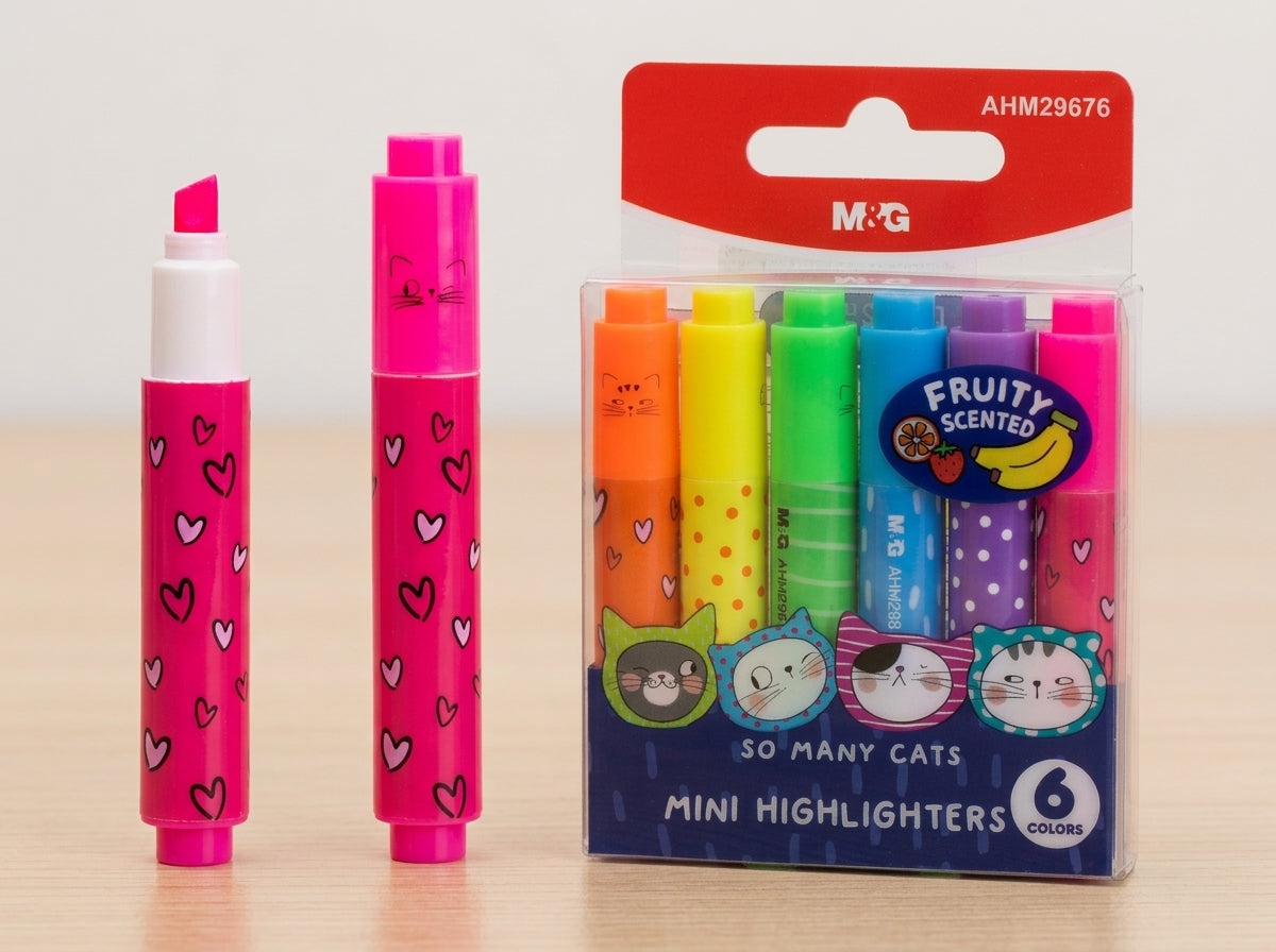 M&G Chenguang Mini Highlighter Set – 6 Fruity Scented Neon Highlighters, Chisel Tip, Cute "So Many Cats" Design for School, Office & Journaling - No: AHM29676