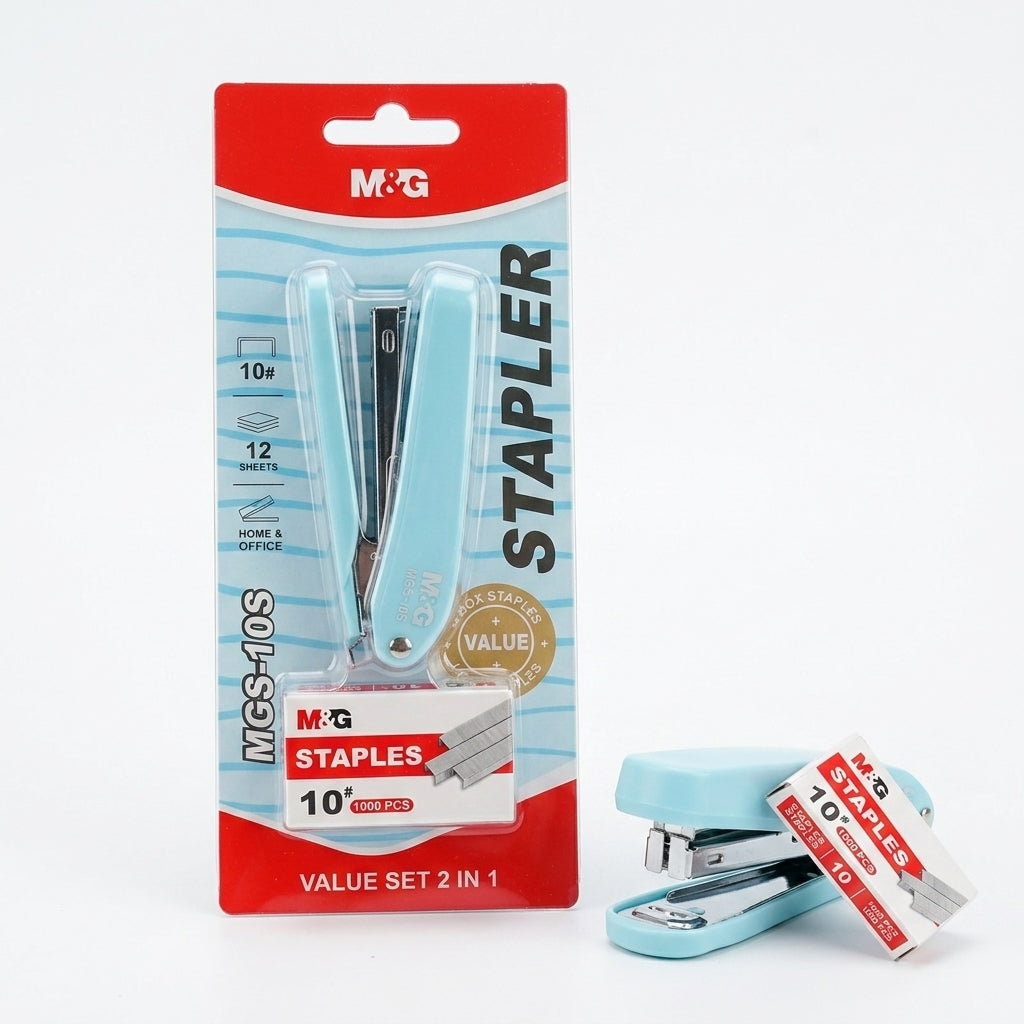 M&G Chenguang Compact Mini Stapler Set with 1000 No. 10 Staples – 2-in-1 Value Set, Assorted Colors - 1pcs - No: ABS916MJ