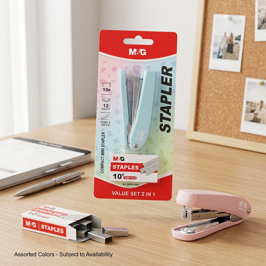 M&G Chenguang Compact Mini Stapler Set with 1000 No. 10 Staples – 2-in-1 Value Set, Assorted Colors - 1pcs - No: ABS916MJ