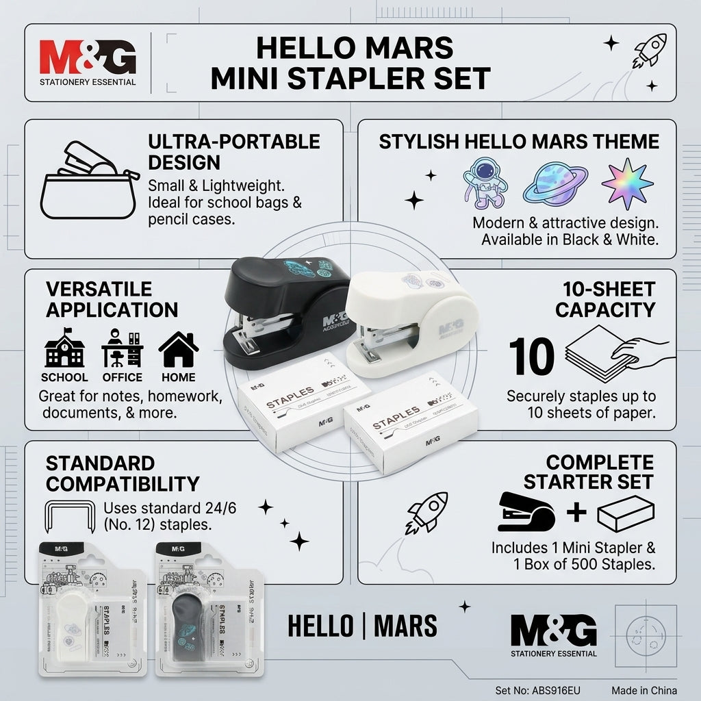 M&G Chenguang Hello Mars Mini Stapler Set – Compact Stapler with 500pcs 24/6 Staples, Up to 10 Sheets - 1pcs - No: ABS916EU