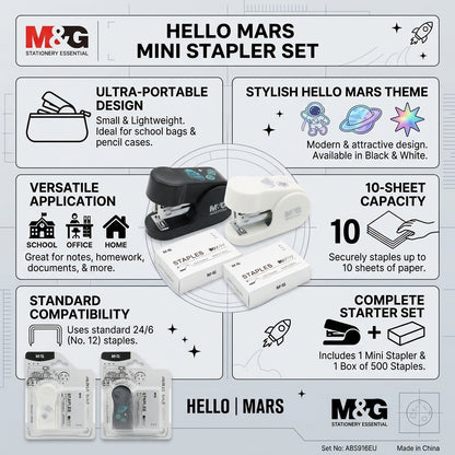 M&G Chenguang Hello Mars Mini Stapler Set – Compact Stapler with 500pcs 24/6 Staples, Up to 10 Sheets - 1pcs - No: ABS916EU