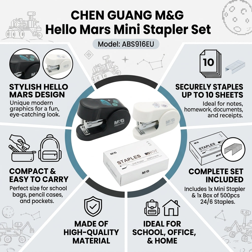 M&G Chenguang Hello Mars Mini Stapler Set – Compact Stapler with 500pcs 24/6 Staples, Up to 10 Sheets - 1pcs - No: ABS916EU