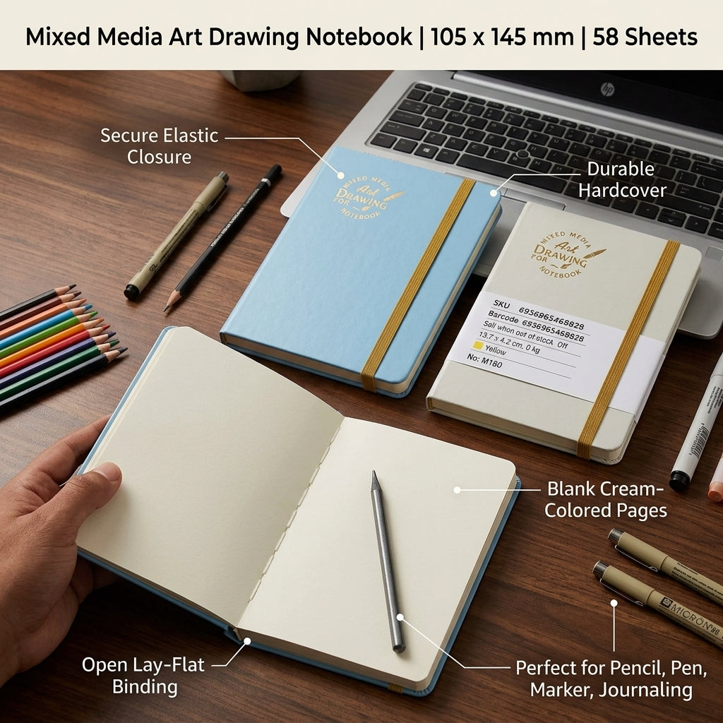 Mixed Media Art Drawing Notebook, 105 x 145 mm, 58 Sheets, Hardcover Sketchbook with Elastic Closure – 1pcs - No: M180