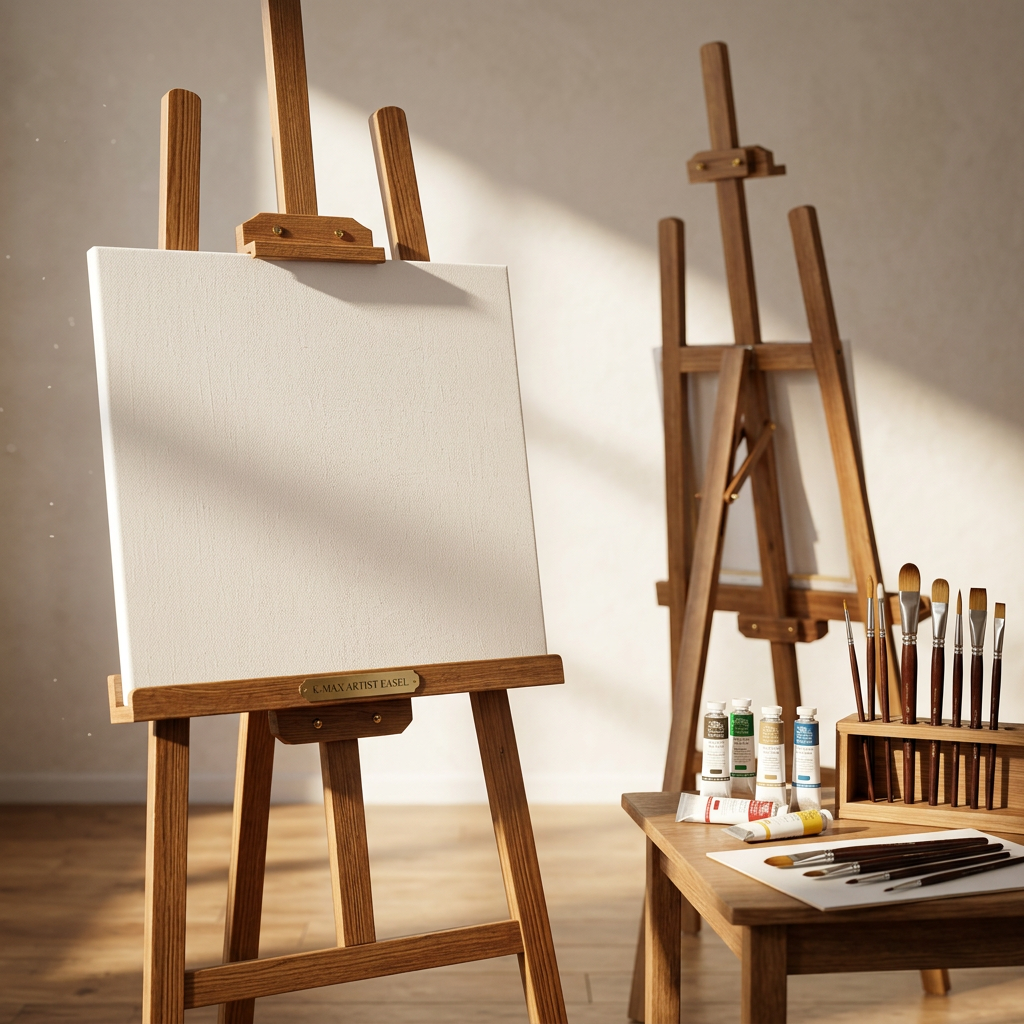 K-max adjustable artist easel set up with a blank canvas in a bright art studio