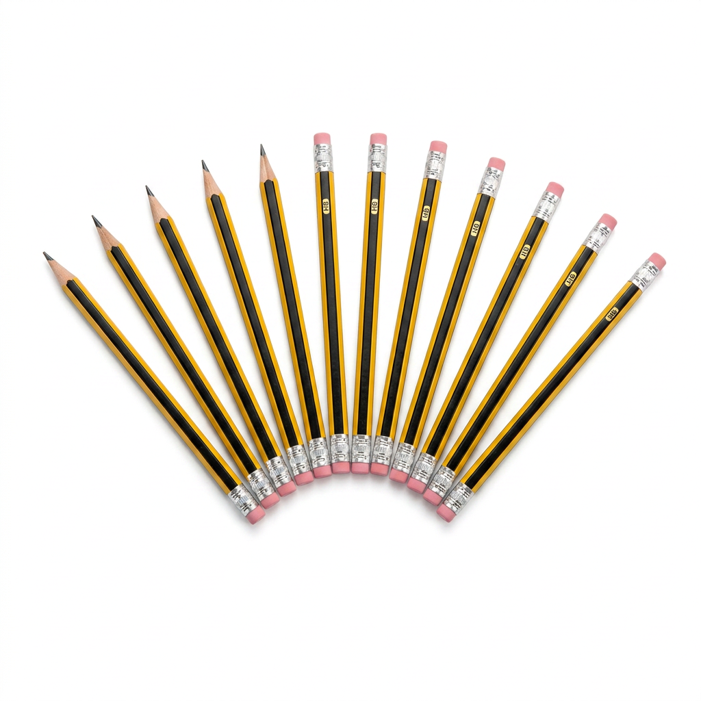 M&G HB pencils pack - all 12 yellow and black striped pencils fanned out