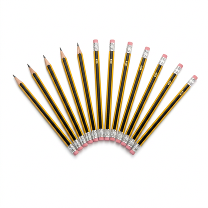M&G HB pencils pack - all 12 yellow and black striped pencils fanned out